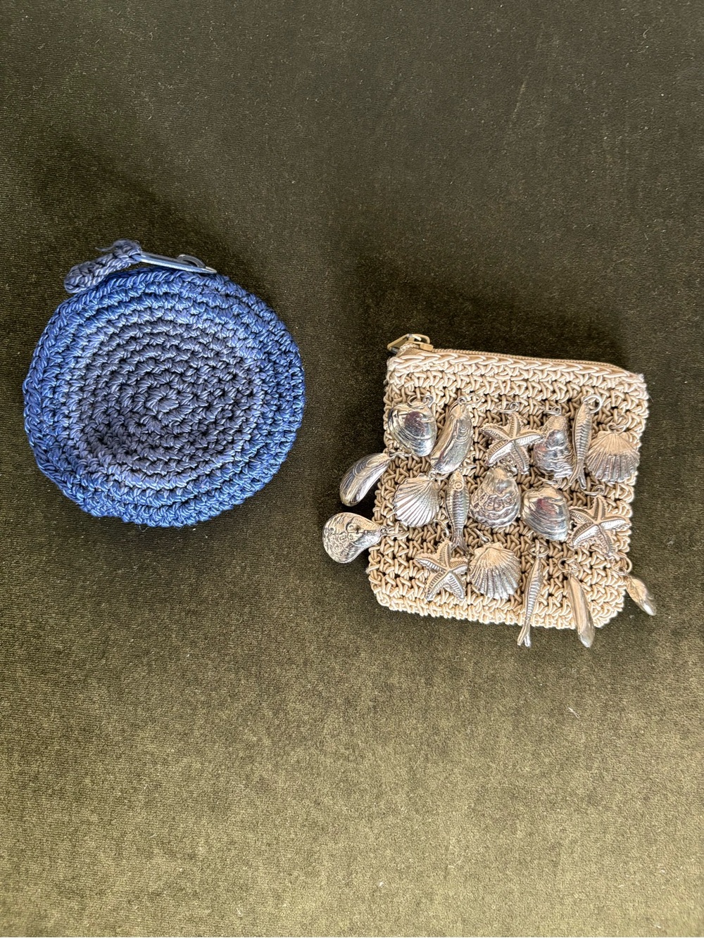 Crocheted Blue Coin Pouch & Beaded Shell Natural Coin Purse